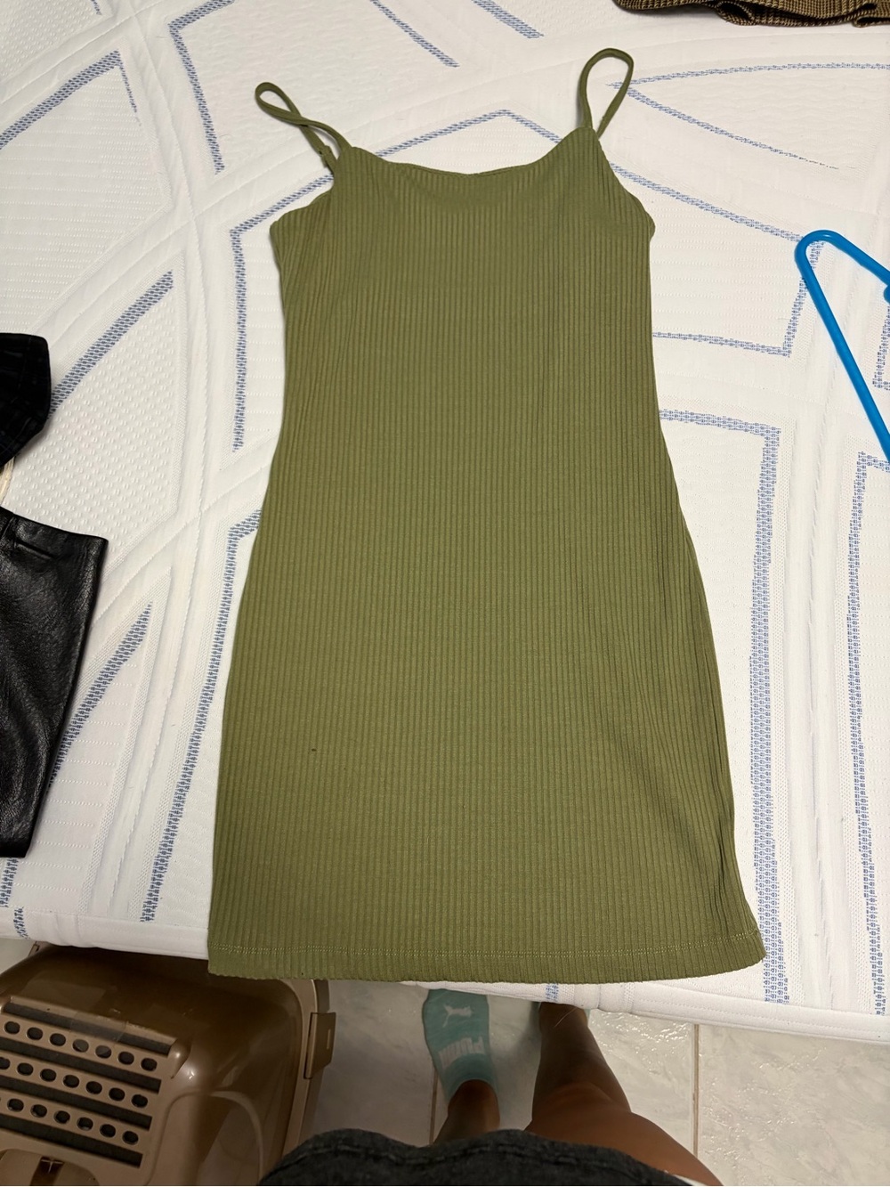 Gianni Bini Olive Ribbed Spaghetti Strap Mini Dress